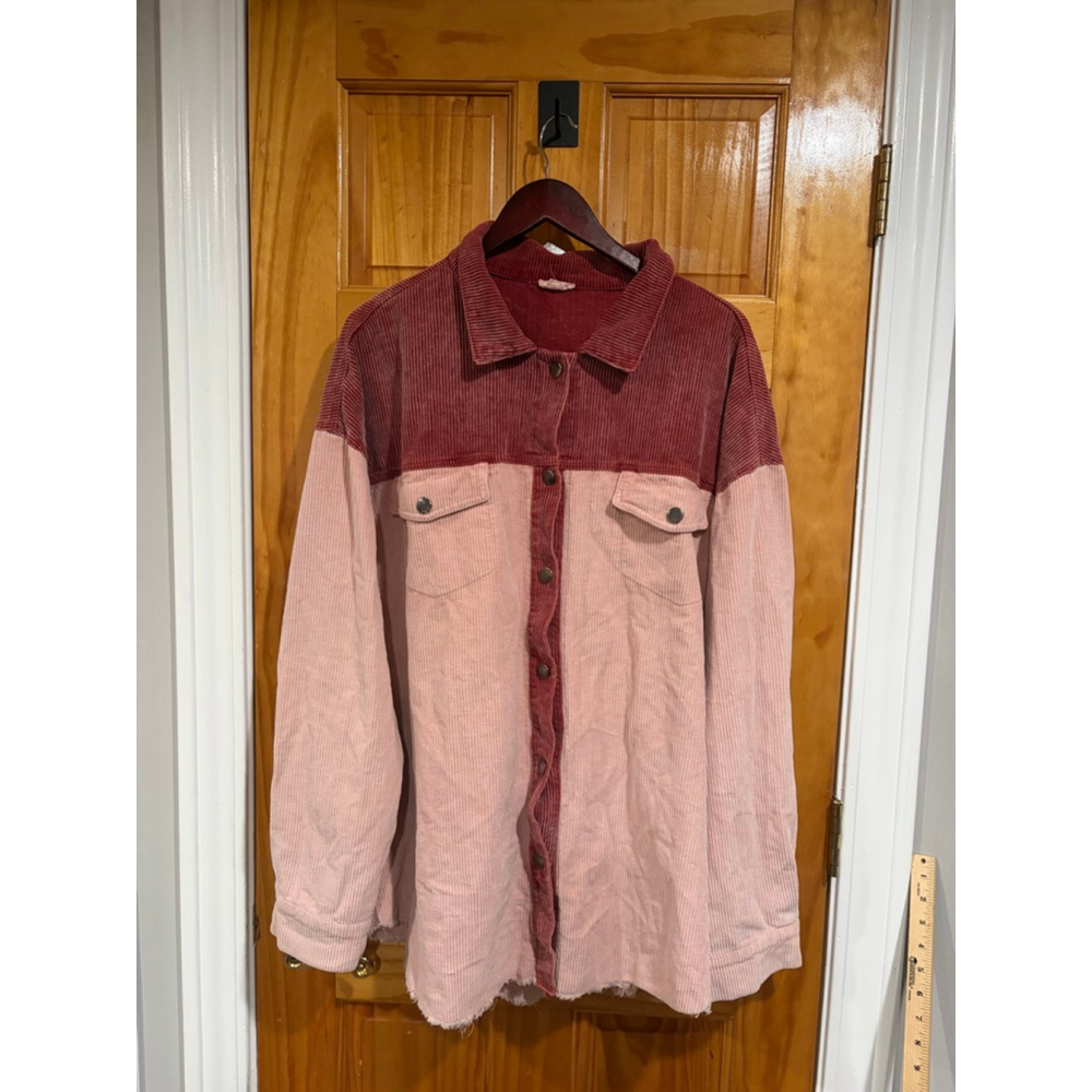 POL Colorblock Corduroy Shacket Pink Rust Frayed Hem Oversized XL